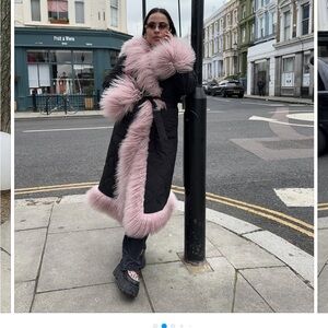 Charlotte Simone Black Puffer Coat with Pink Mongolian Fur Trim